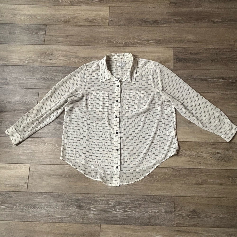 Liz Claiborne Sheer Blouse Sz 2XL White Black Bow Print Office Party Coquette